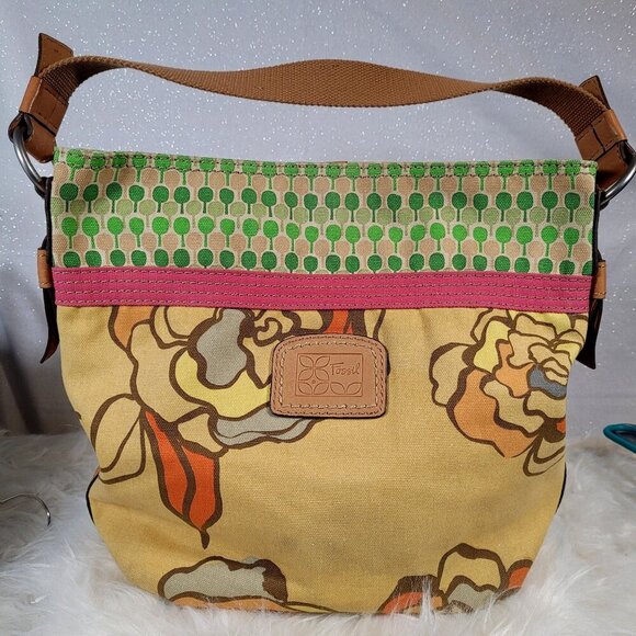Vintage Fossil Key Per Marigold Yellow Floral Boho Canvas/Leather Bucket Handbag - Picture 1 of 6